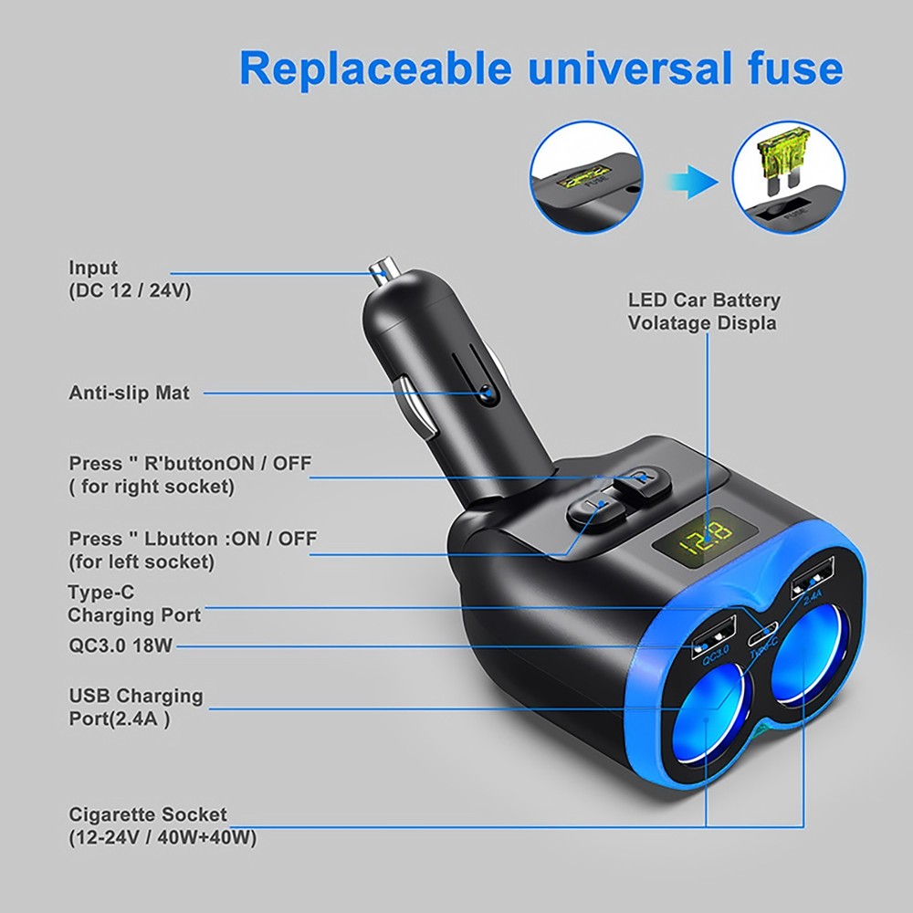 12V Dual USB Charger Power Adapter Car LCD Cigarette Lighter Socket Splitter