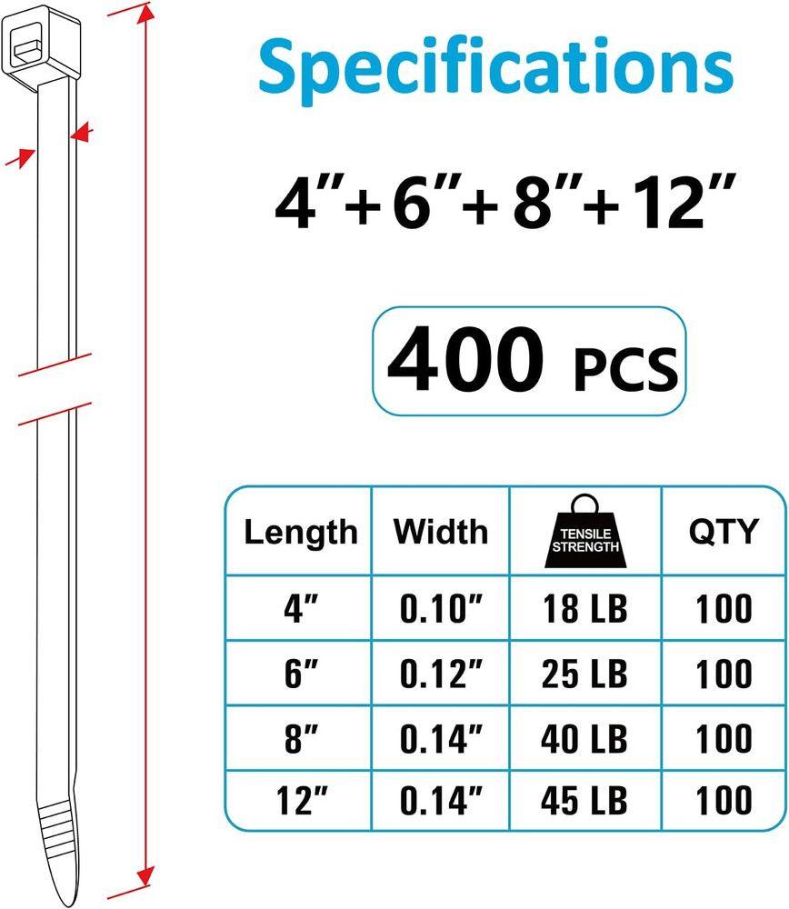 Zip Ties Assorted Sizes(4+6+8+12) 400 Pack Black Cable Ties...