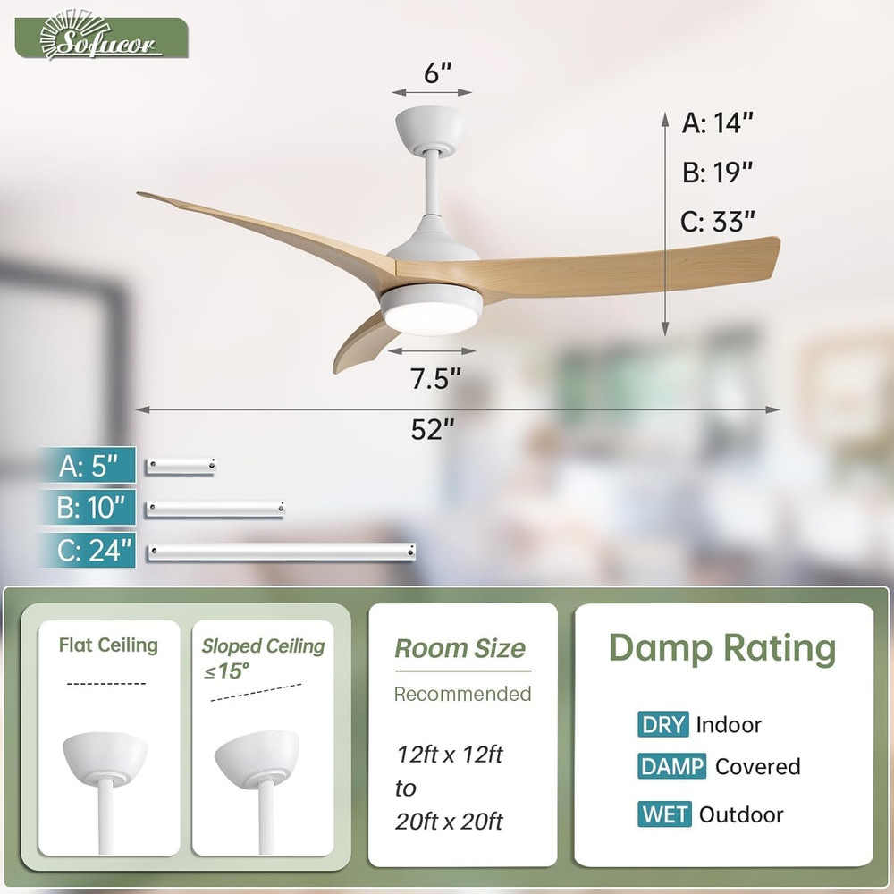 52" Modern Ceiling Fan with Lights & Remote, 6000CFM, Dimmable, Reversible