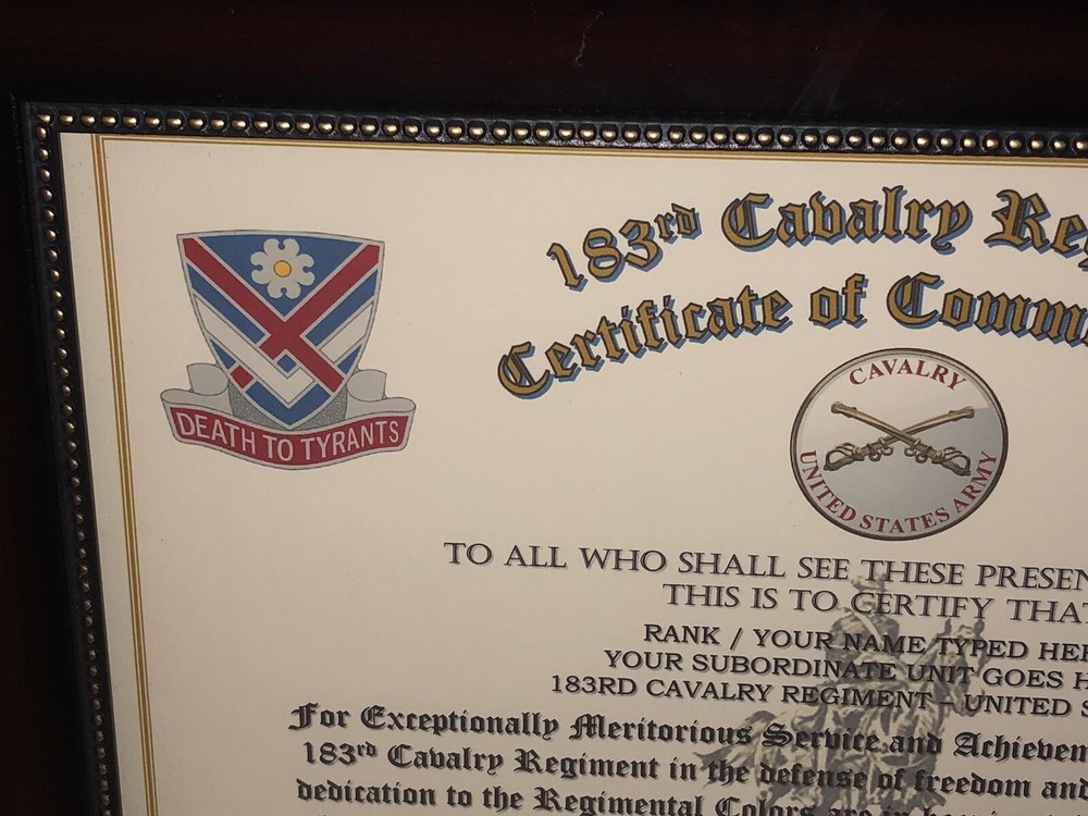 183RD U.S. CAVALRY REGIMENT / COMMEMORATIVE - CERTIFICATE OF COMMENDATION