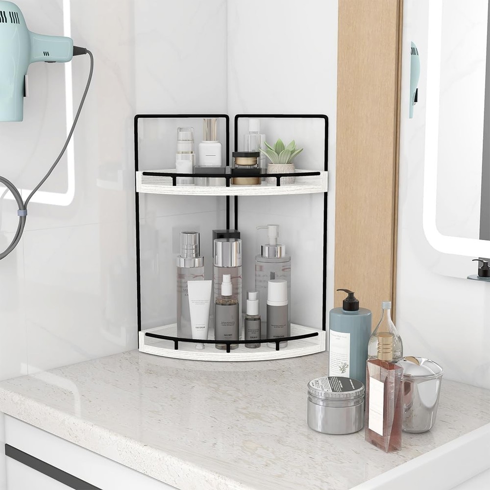 2-Tier Rustic White Corner Bathroom Shelf