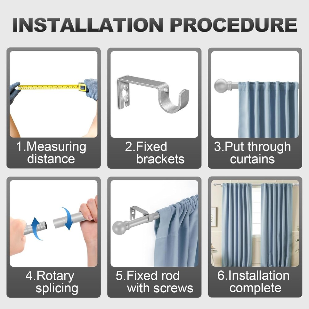 Silver Curtain Rods for Windows with Brackets,5/8 Inch Diameter 28-48,