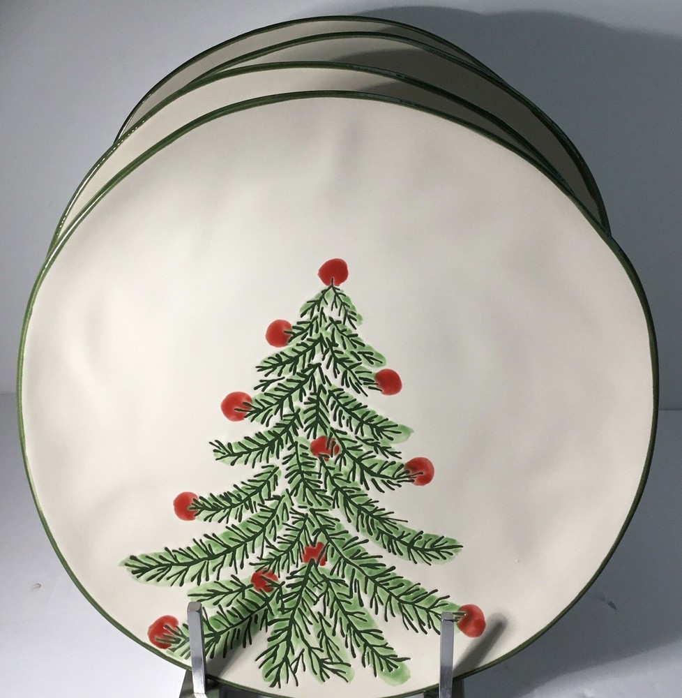 4 Dinner Plates Eli + Ana Handmade Ceramic Christmas Tree Erma 10.75” New