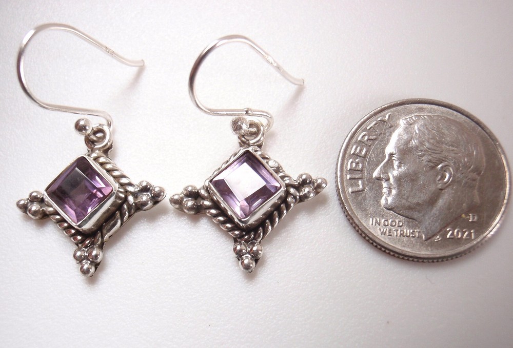 Faceted Amethyst Diamond-Shaped 925 Sterling Silver Dangle Earrings
