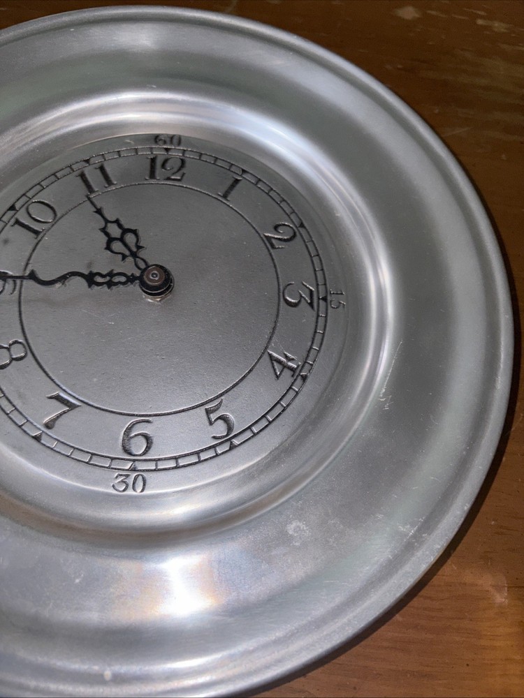 Vintage 10” Pewter Plate Wall Clock WORKING