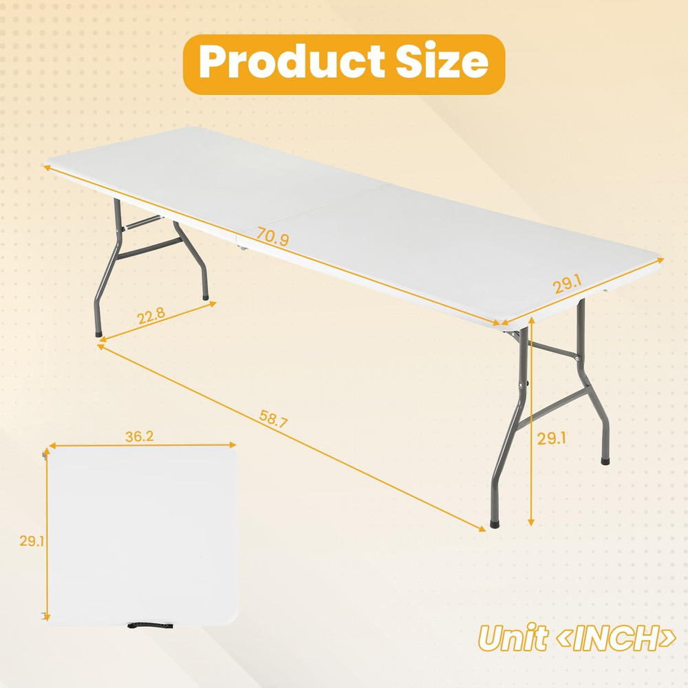 6FT Folding Table, Portable Fold-In-Half Plastic Picnic Party Table with Carryin