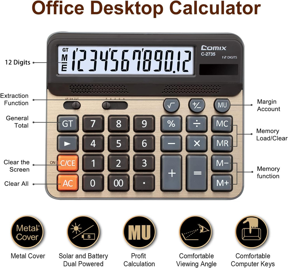 Desktop Calculator, Large Computer Keys, 12 Digits Display, Champaign Gold Color