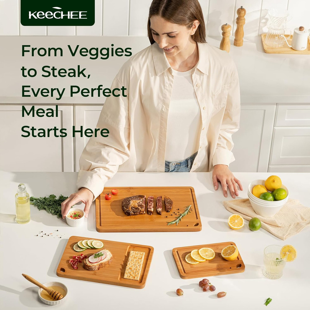 Bamboo Cutting Board, Durable Wood Cutting Boards for Kitchen with Deep Juice Gr