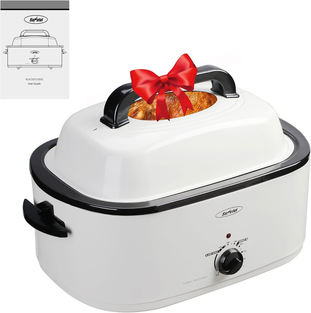 Electric Roaster Oven 24Qt Large Roaster with Viewing Lid Defrost Function White