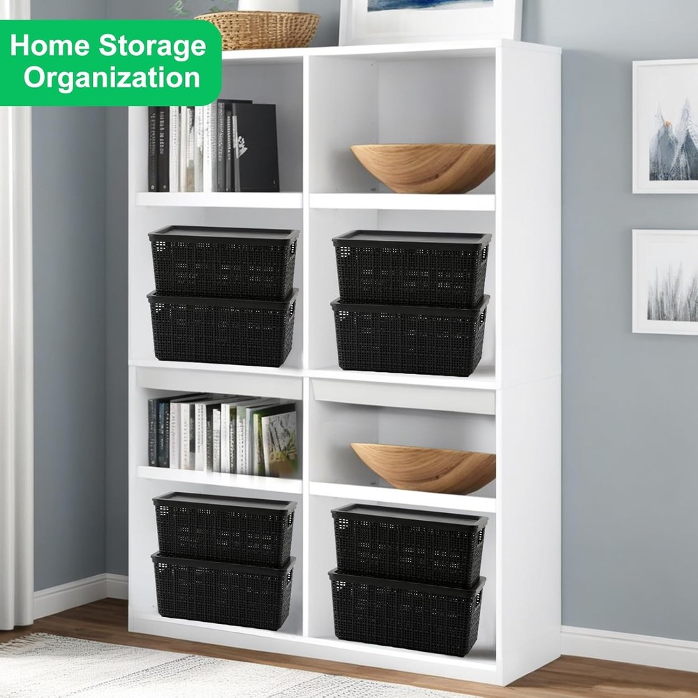6 Pack Plastic Storage Baskets With Lids,Black Breathable Stackable Storage Bins