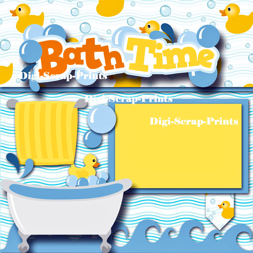 BATH TIME baby 2 premade scrapbook pages paper piecing layout DIGISCRAP #A0083