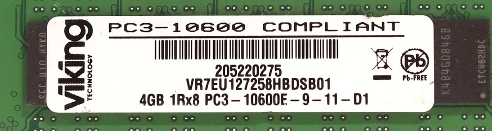Vikings 4GB 1Rx8 PC3-10600E-9-11-D1 ECC Unbuffered Server RAM VR7EU127258HBDSB01