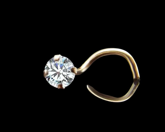 14K Solid Rose Gold Nose Ring CorkScrew, Straight Stud, 1.5mm, 2mm White Diamond
