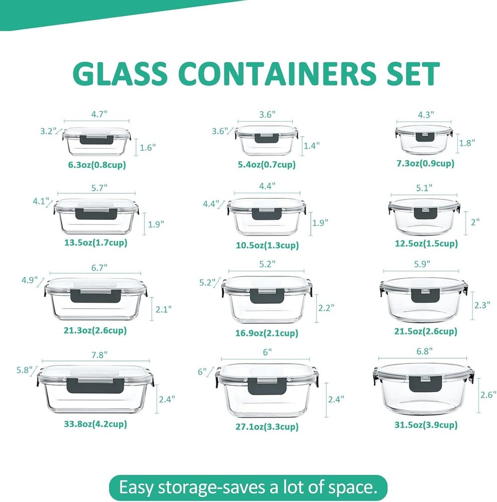 24-Piece Glass Food Storage Container Set, Meal Prep Containers - Stackable,Gray