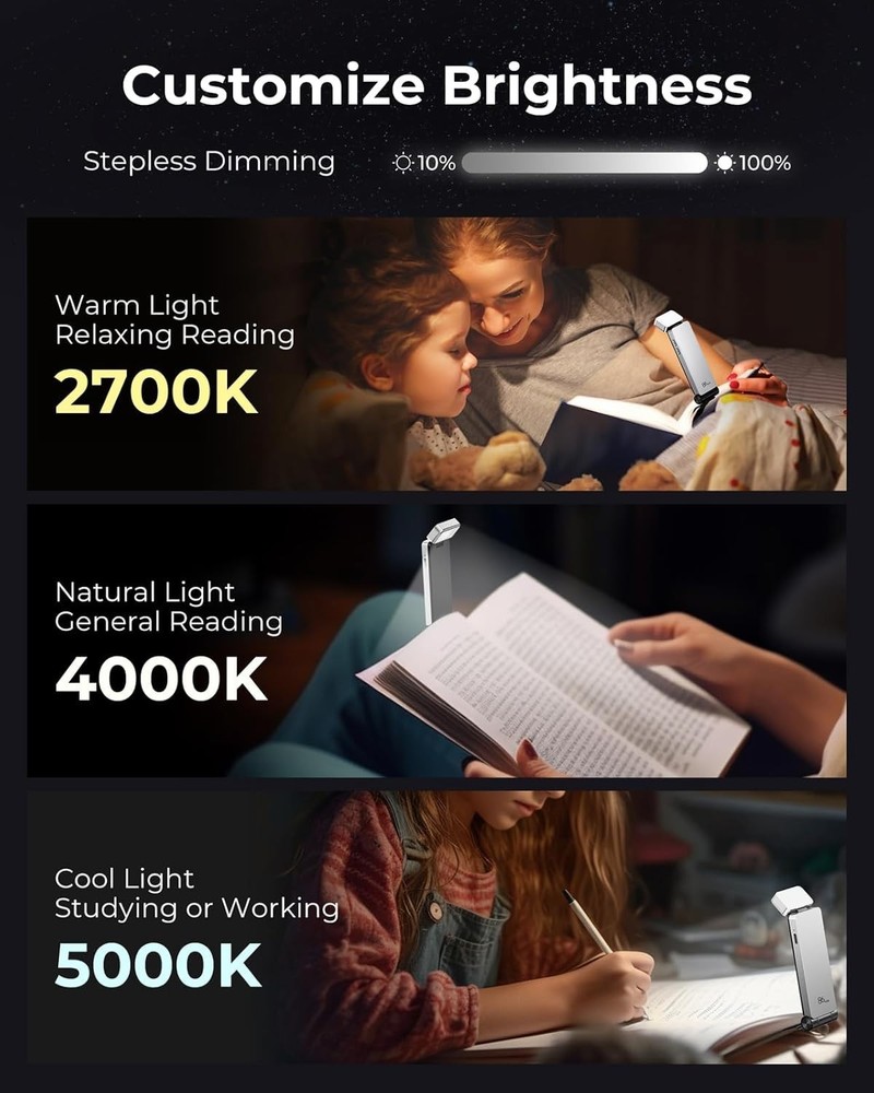 Book Light, Rechargeable Clip-On LED Reading Light for Bed & Night , Silver