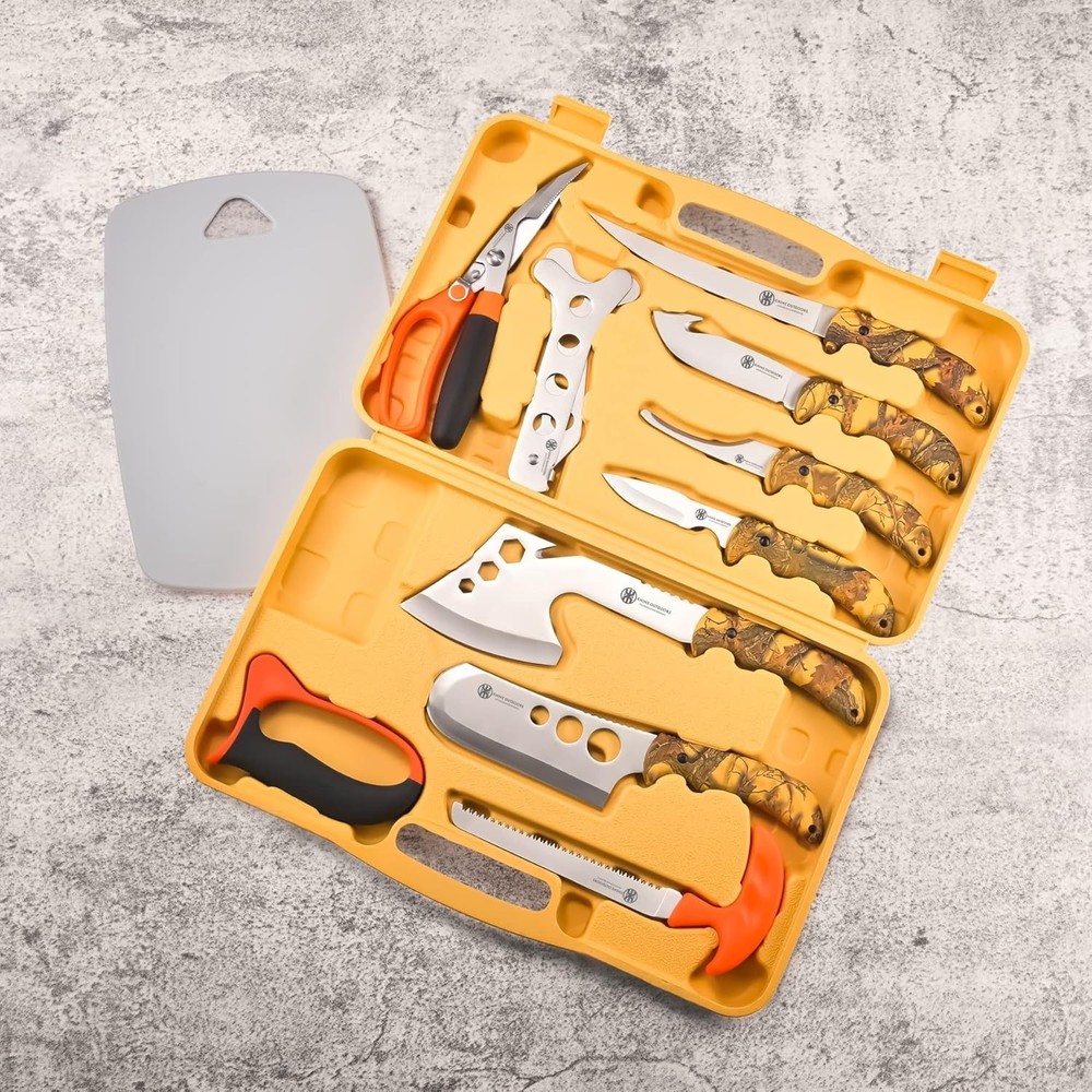 12-Piece Hunting Knife Set Field Dressing Game Processing Kit Yellow Handle