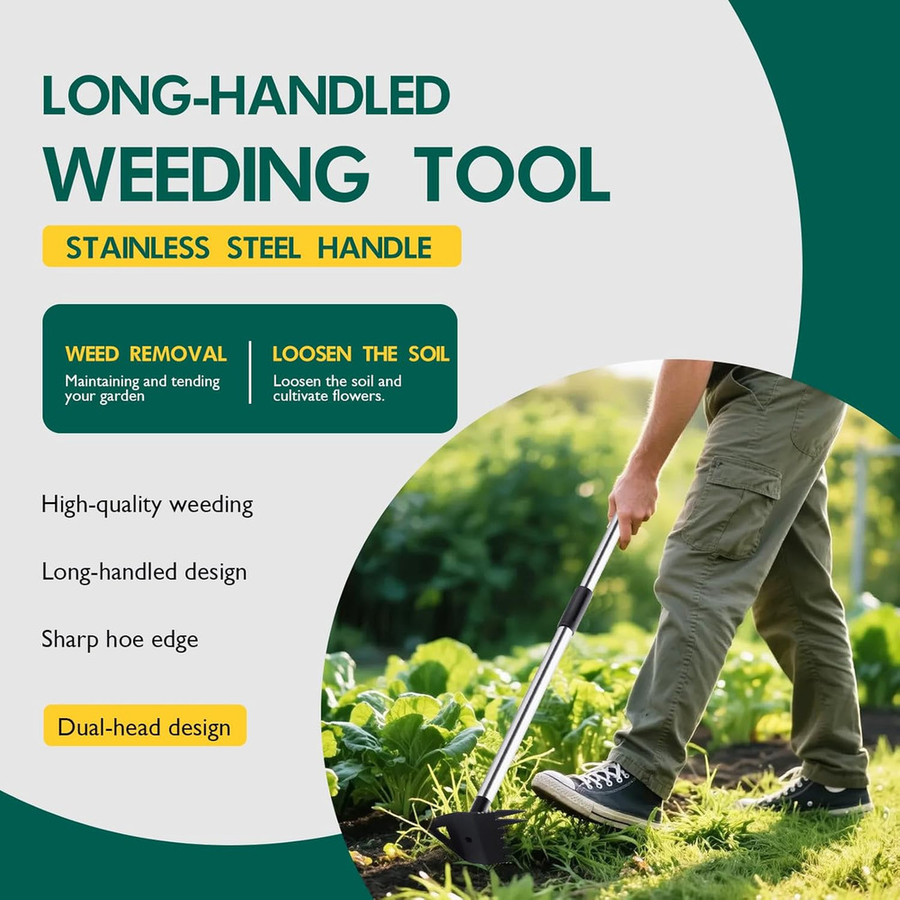 Heavy-Duty Long Handle Weeding Rake - 2-in-1 Manual Weed Puller Tool