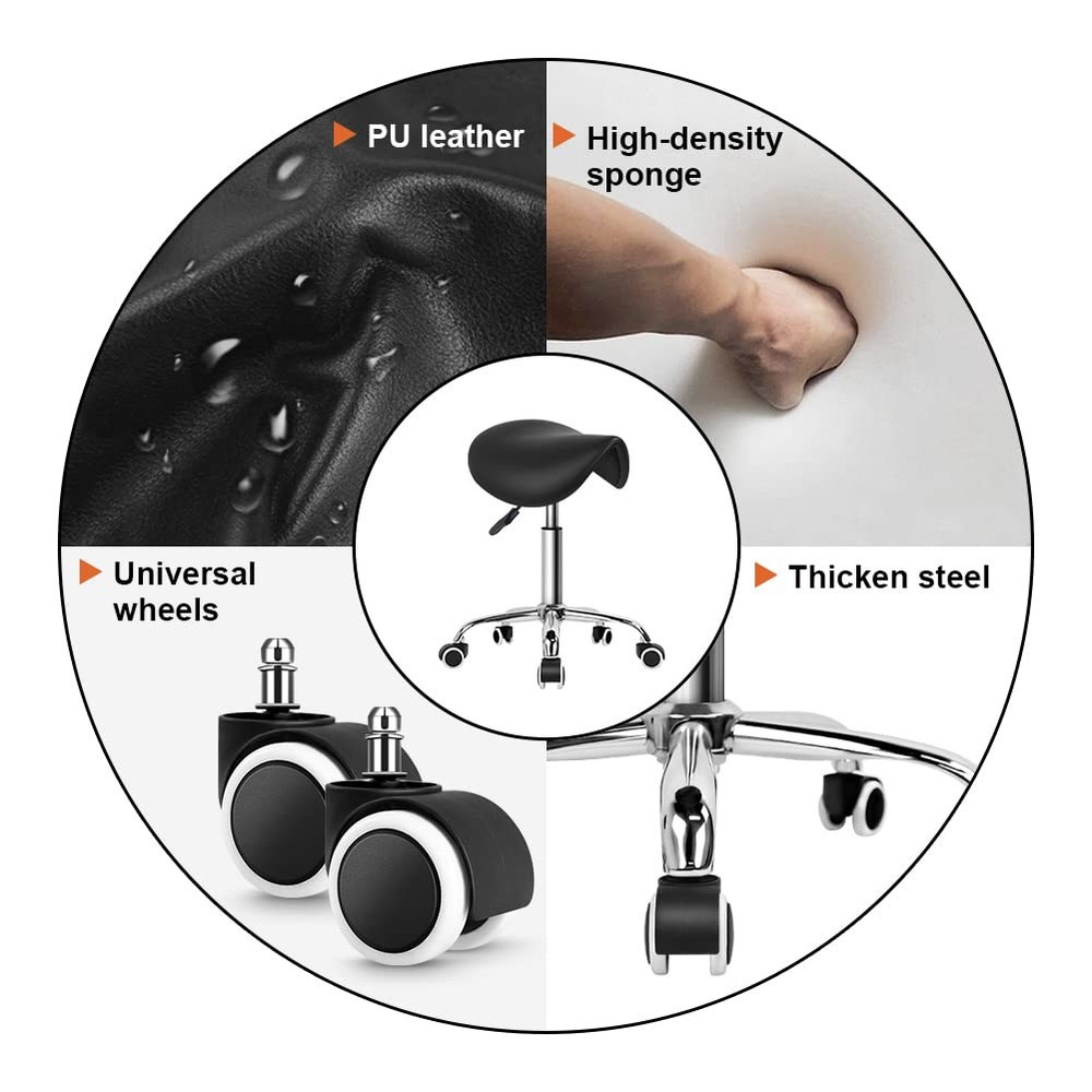 Rolling Saddle Stool PU Leather Swivel Adjustable Rolling Stool with Wheels S...