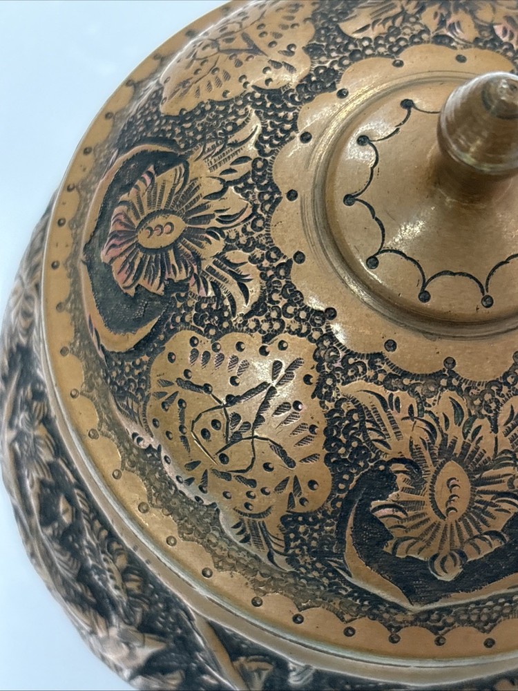 VINTAGE COPPER CONTAINER WITH LID ~ BIRD AND FLOWER ETCHED ~ READ DESCRIPTION