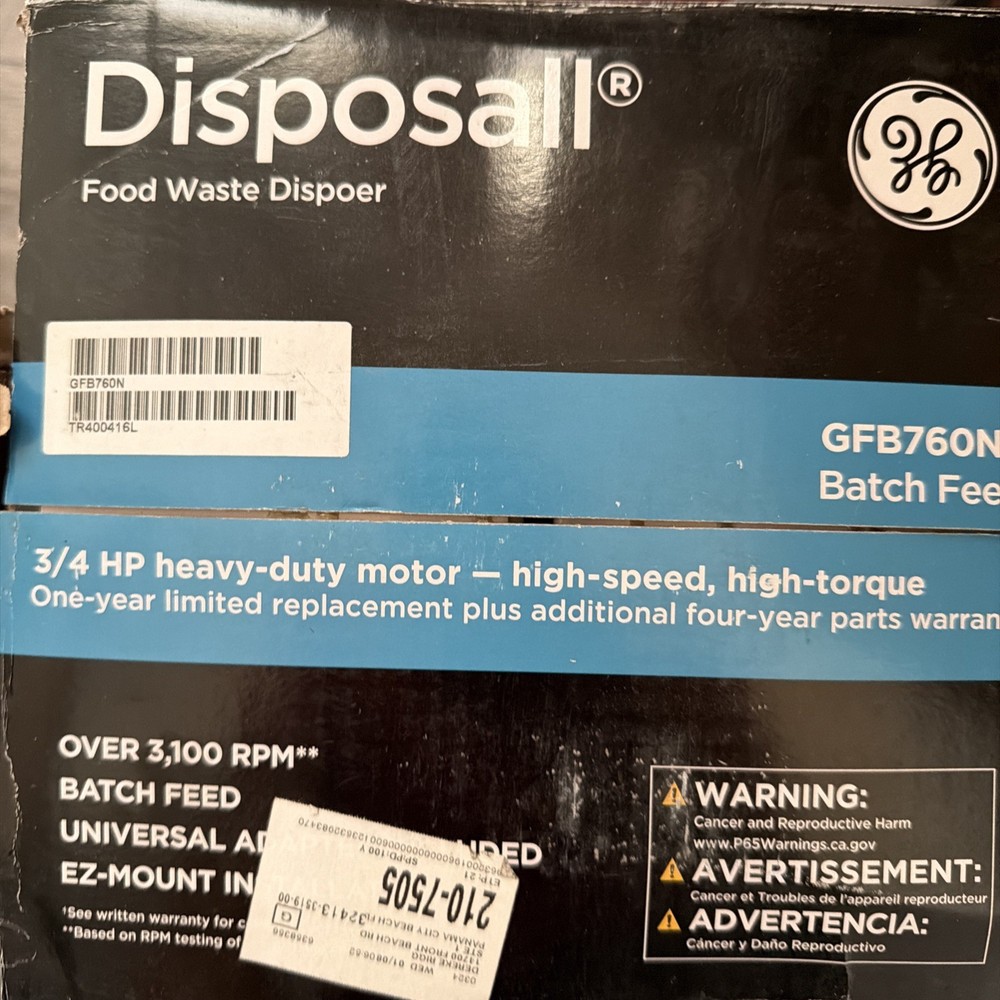 GE 3/4 HP Garbage Disposal GFB760N Batch Feed Heavy Duty
