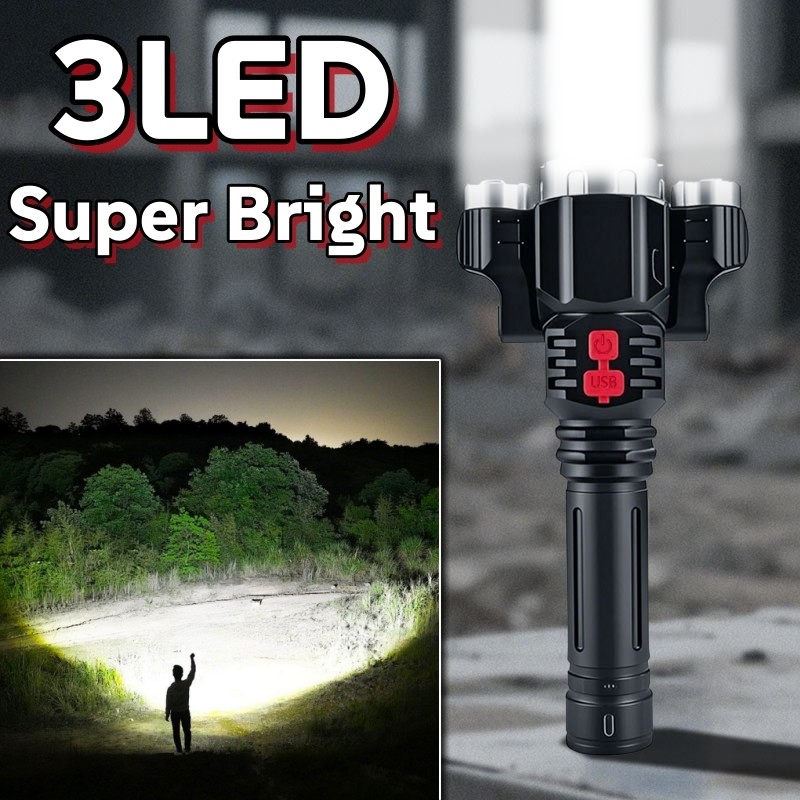 Super Bright 3 Head LED Flashlight Rechargeable Tactical Flashlights Work Light