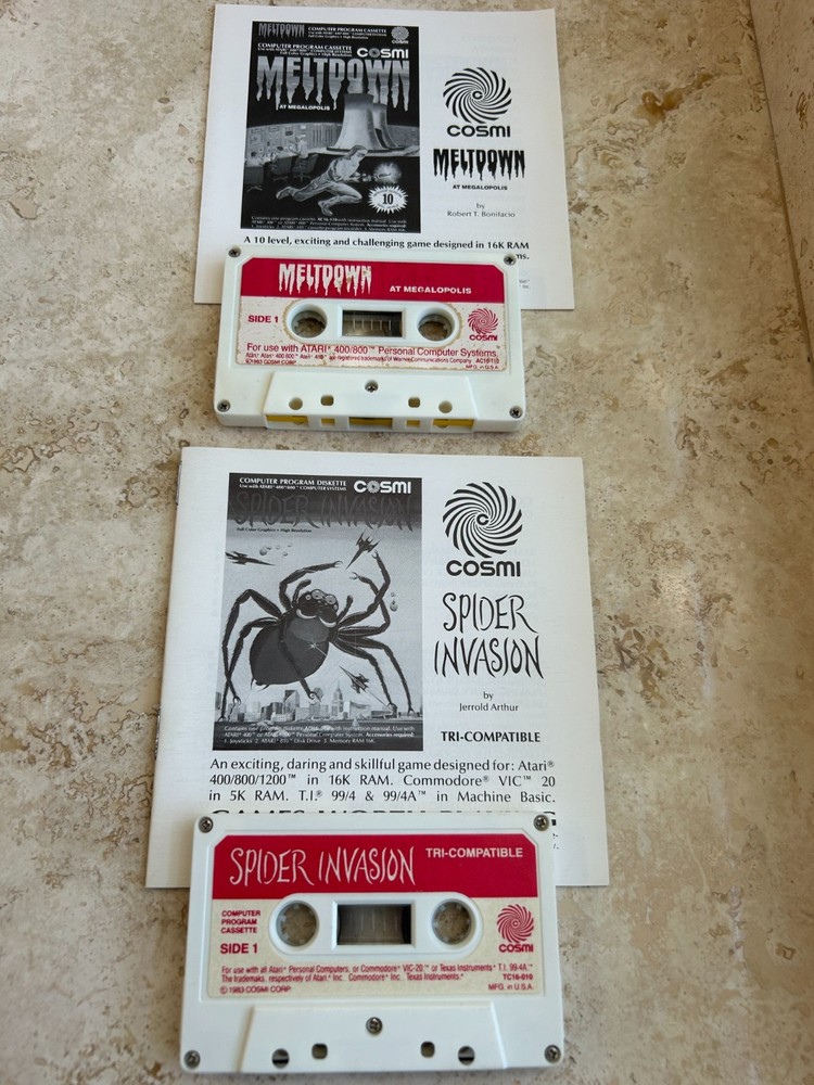 Meltdown, Spider Invasion (Cosmi) - Atari 400/800 Cassette, Manual, Untested