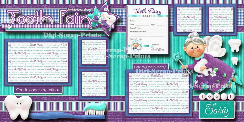 TOOTH FAIRY ~ 2 premade scrapbook pages paper piecing printed layout ~ DIGISCRAP