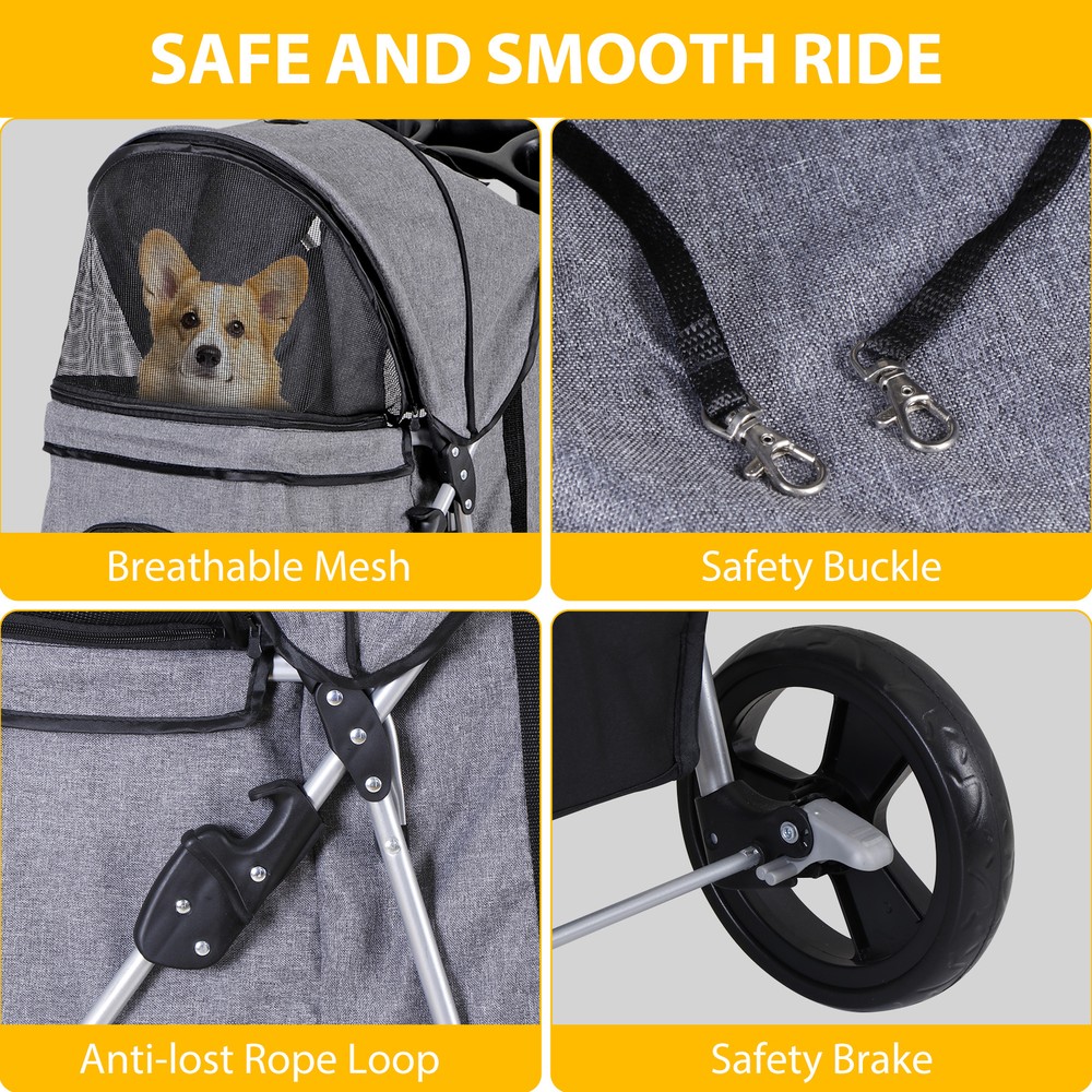 Collapsible Gray Pet Stroller with Mesh Windows and Smooth Zippers