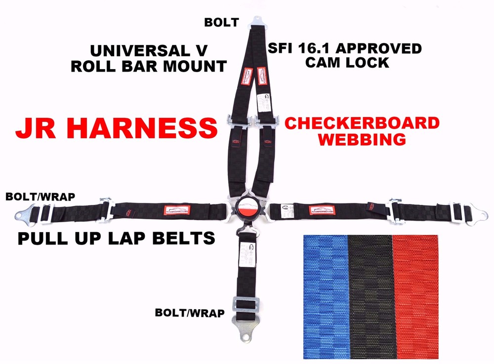 JR HARNESS 5 PT CAM LOCK 2" SFI 16.1 UNIVERSAL V PULL UP BLACK CHECKERBOARD