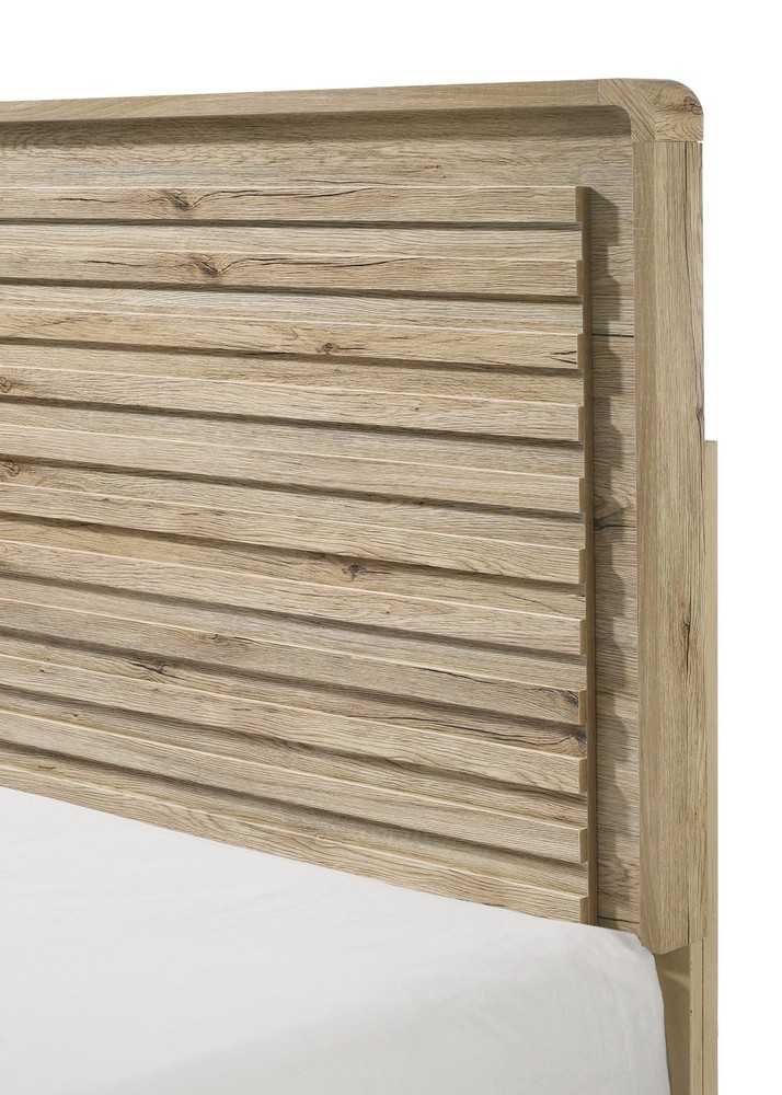 6pc Mid-century Natural Textures Slatted Bed Queen Bedroom Set