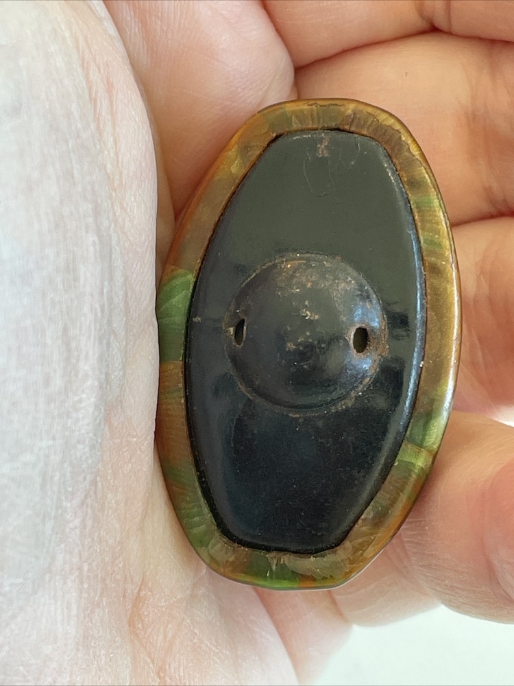 Large Unusual Hollow Celluloid Button Green Orange