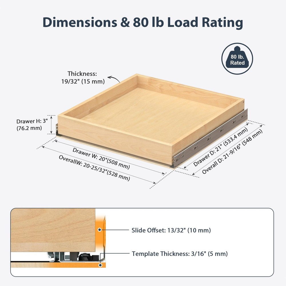 Pull Out Drawers for Cabinets - Birch Wood Pull-Out Drawer 20" W x 21" D - So...