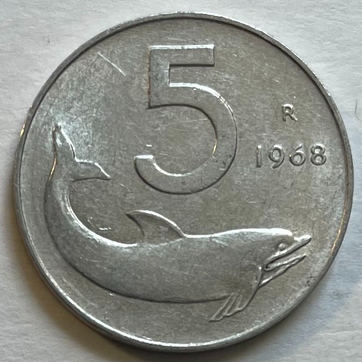 Italy 5 Lire 1968 - Dolphin & Ship Rudder