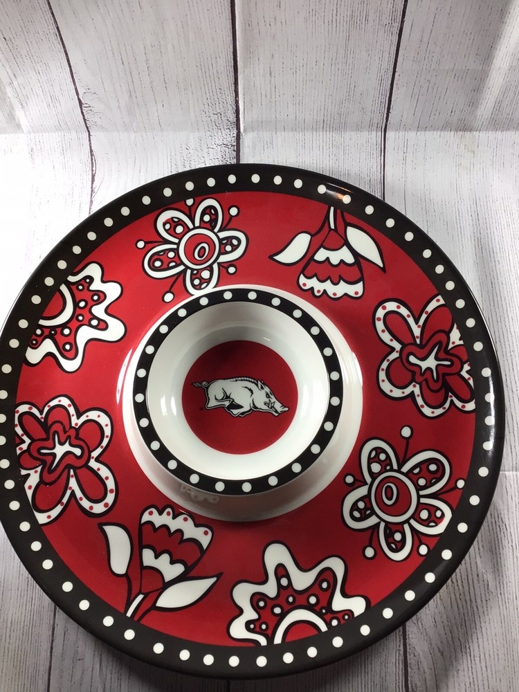 Arkansas Razorbacks 14” Red White Black Serving Platter With Dip Cup