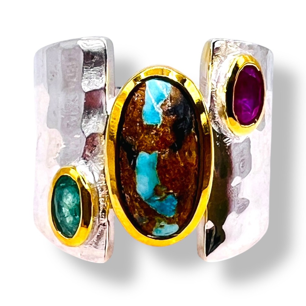 Two Tone Sterling Silver Blue Turquoise Emerald Ruby Ring Handmade -6500