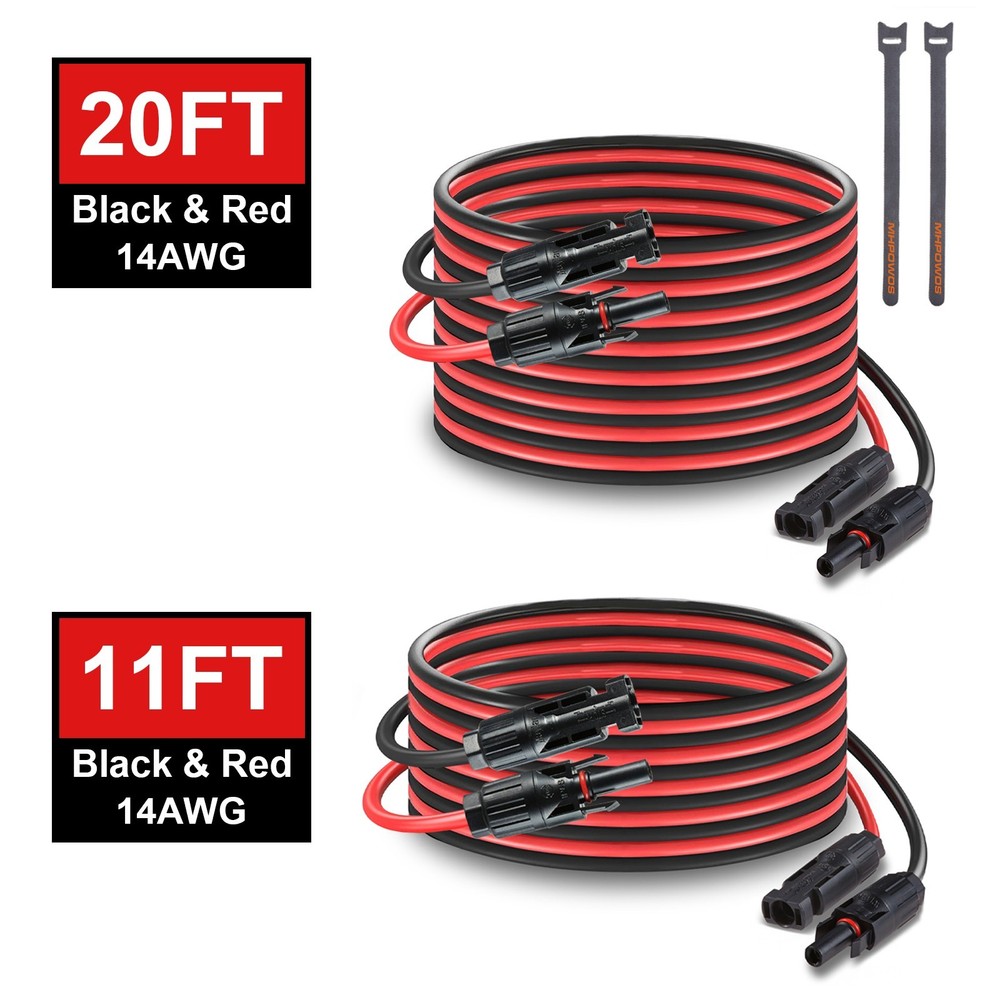 11ft 20ft Black Red Solar Panel Extension Cable Wire Solar Connector 14AWG Gauge