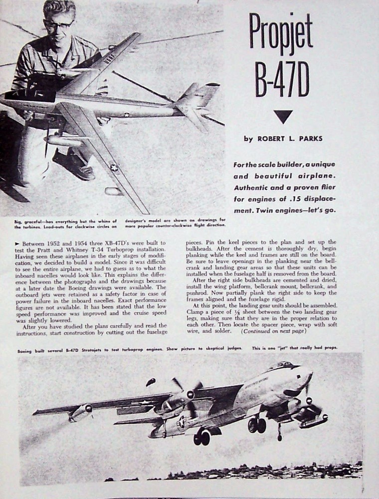 B-47D PLAN + CONSTRUCTION ARTICLE for a Very Rare 54" UC Scale Model Airplane