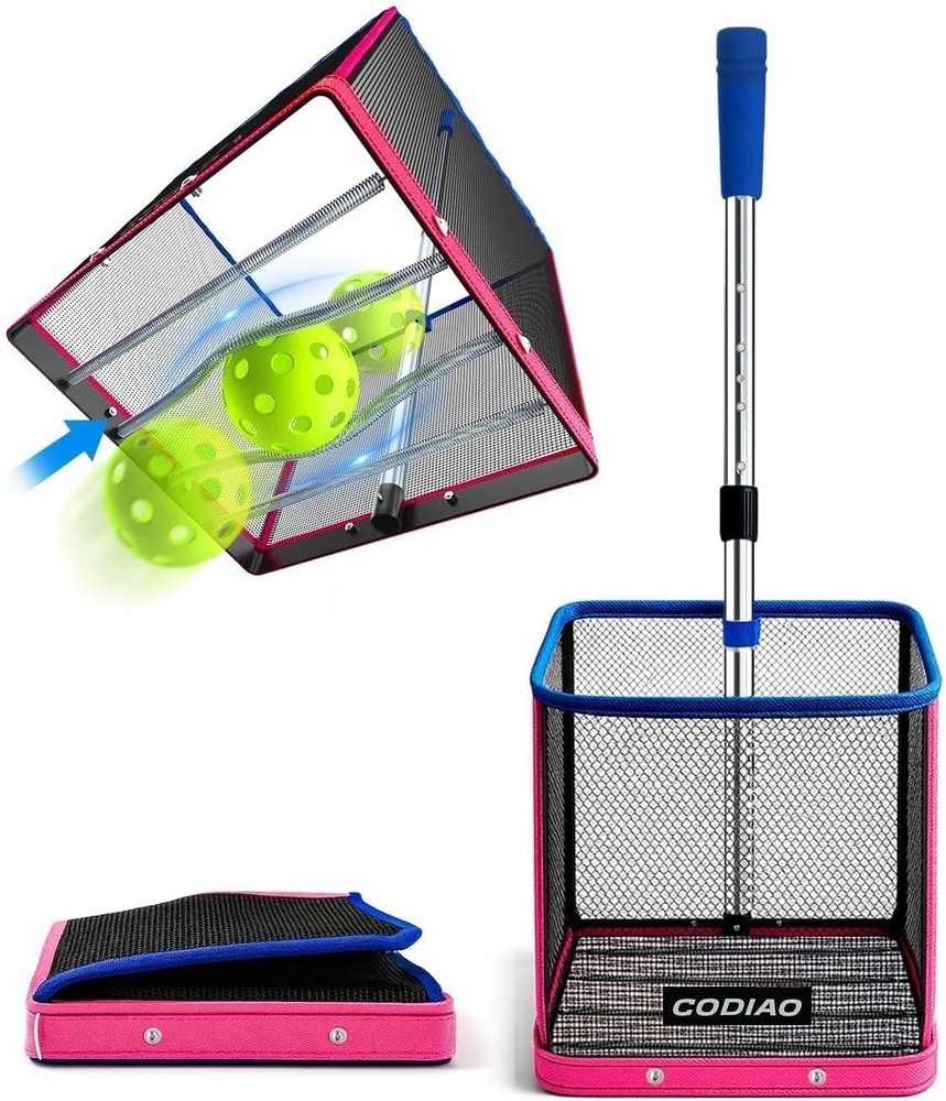 Pickleball Picker Upper 40+ Ball Capacity Hopper Holder, Foldable Basket with Te