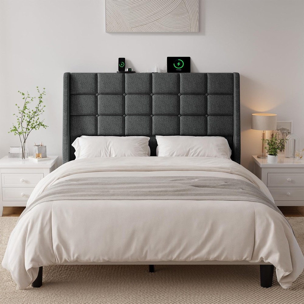 Full Headboard Charging Station Linen Wingback Storage Pocket Dark Grey