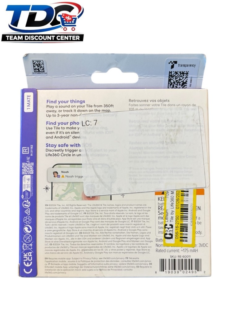 Tile RE-60011 Life360 Tile Mate 1 Pack Tracker Open Box