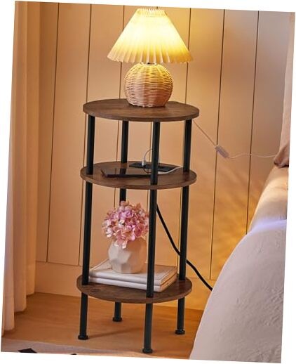 Round Side Table with Charging Station, Small Round End Rustic Brown + Black