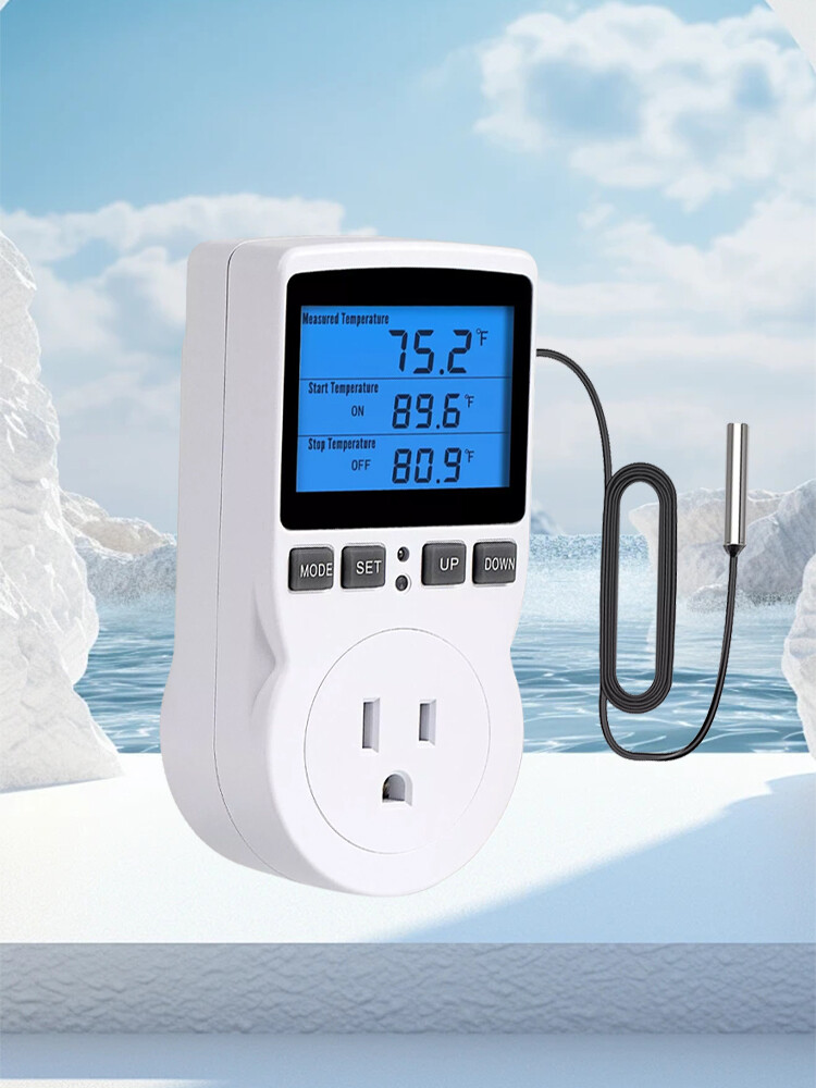 Digital Thermostat Outlet Plug Temperature Controller Heating Cooling w/ ProberW