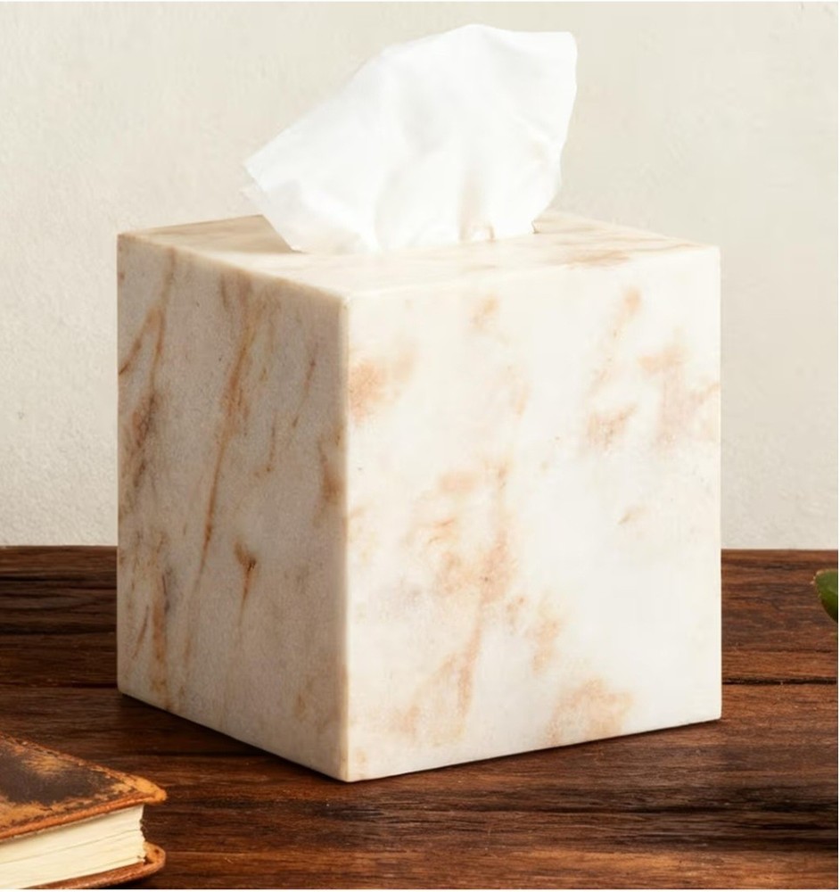 Marble Tissue Box Cover, White with Gold Texture