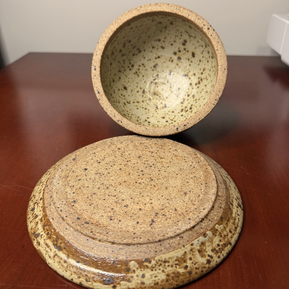 Signed Handmade Stoneware Speckled Covered Dome Butter Dish