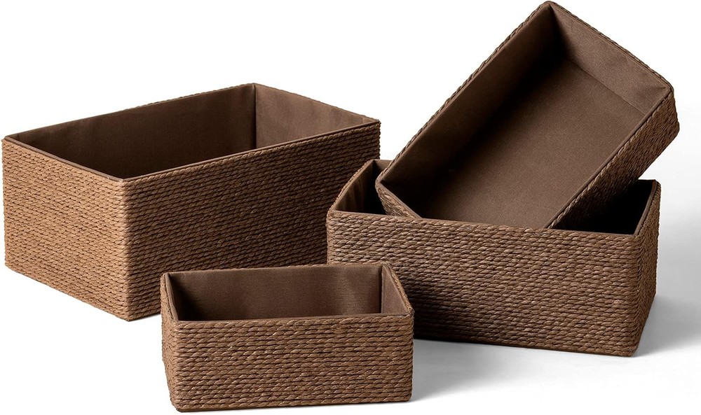 Storage Baskets Set 4 Stackable Woven Basket Paper Rope Bin Storage Boxes Makeup
