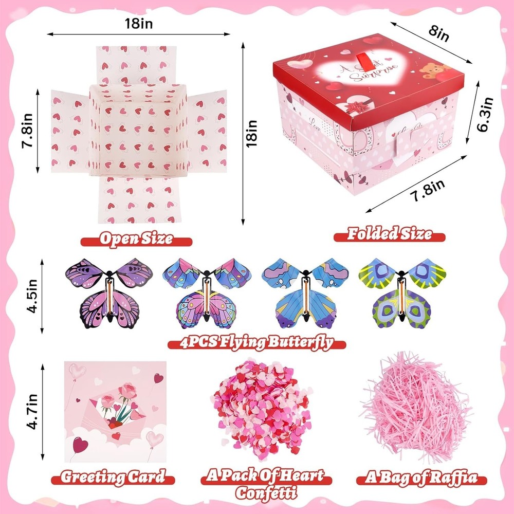 Valentine's Exploding Gift Box with Flying Butterflies and Heart Confetti