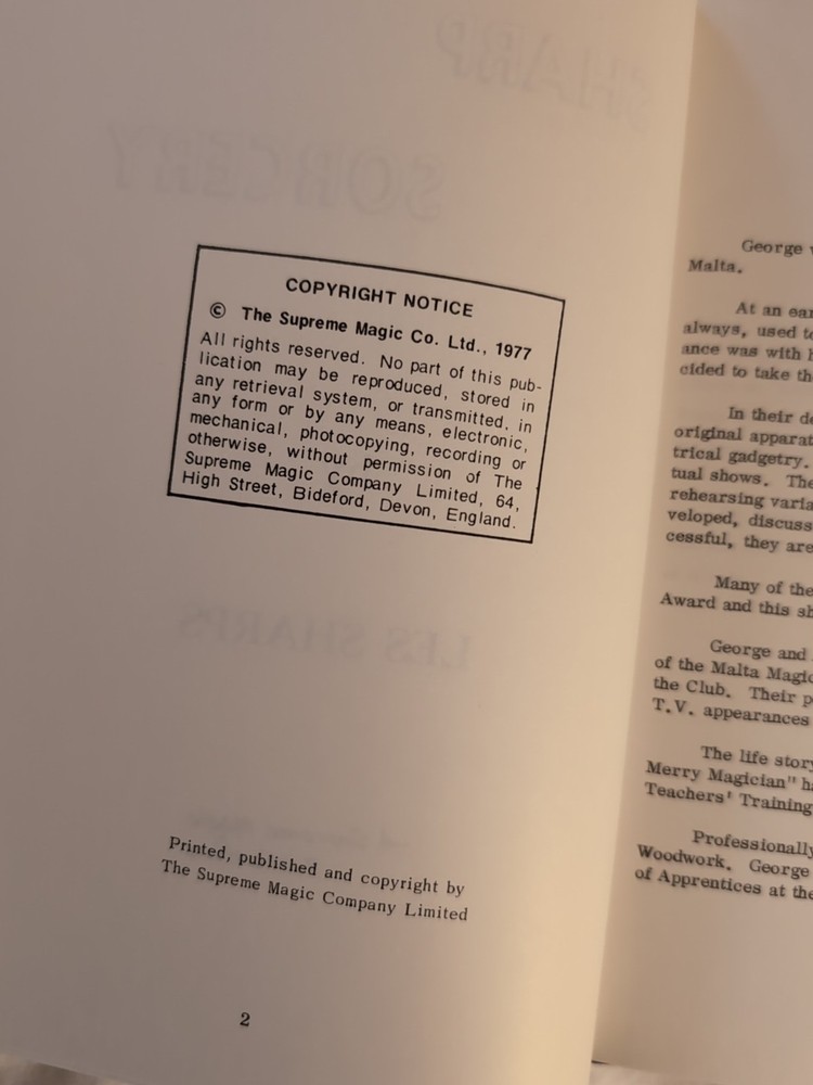 Sharp Sorcery Magic Book By Les Sharps 1977 Supreme Pub
