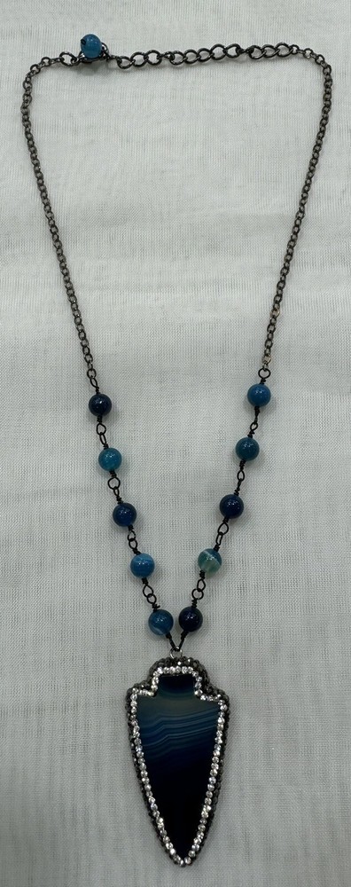 Handmade Unique 15” ~ 17” Adjustable Necklace with Blue Agate, Crystals