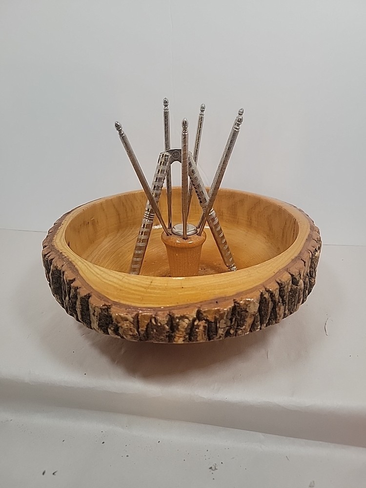 Vintage Solid Wood Tree Bark Nut Bowl with Nutcracker & 6 picks