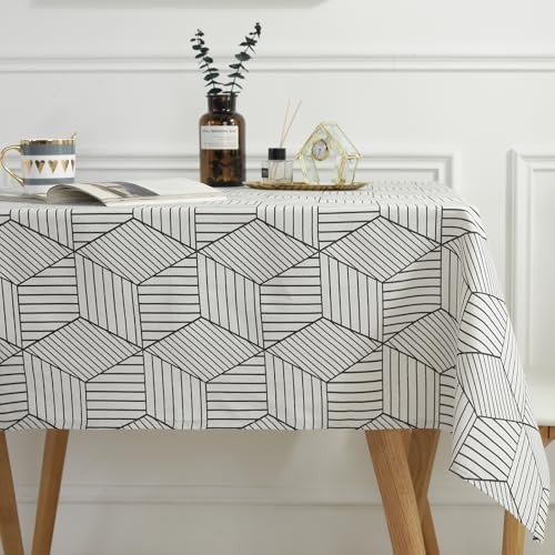 Rectangle Tablecloth, Cotton Linen Geometric 108" x 52" (Rectangular) White